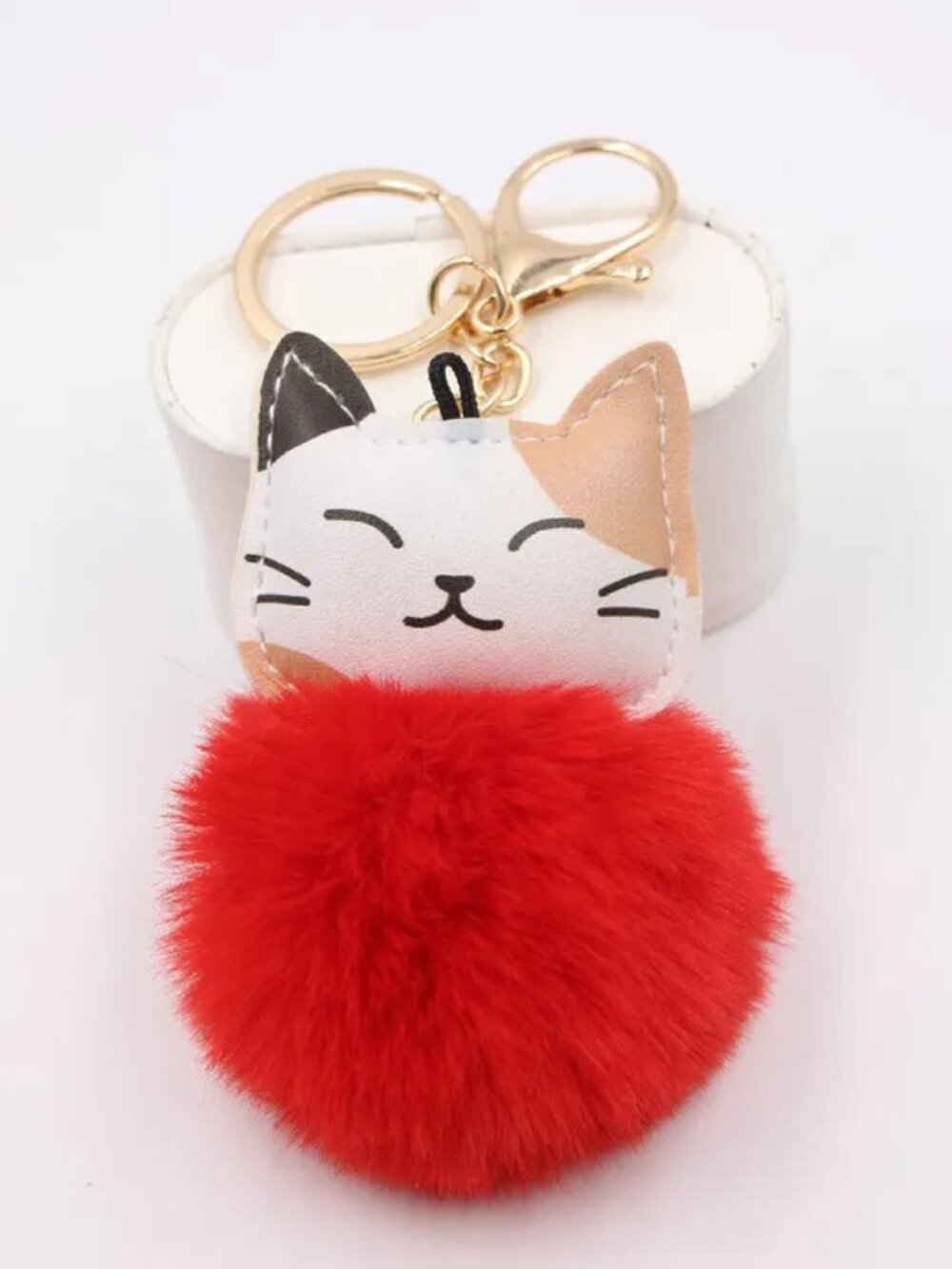 3/$25 NWT Cute Calico Cat Fluffy Pom Pom Keychain Bag Charm Red Gold